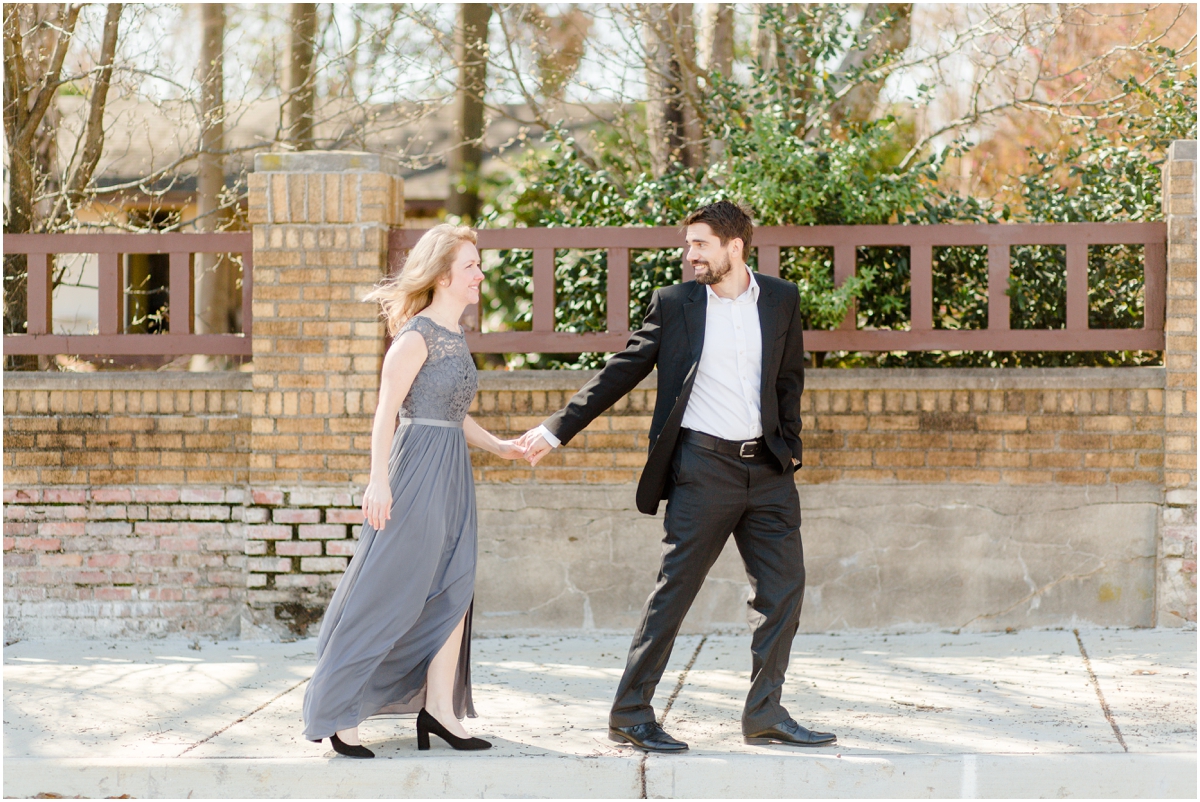 Winter engagement session in downtown Greer, SC at the Randall House