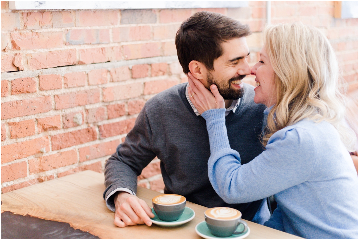 Cozy winter engagement session at Barista Alley coffee shop in downtown Greer, SC