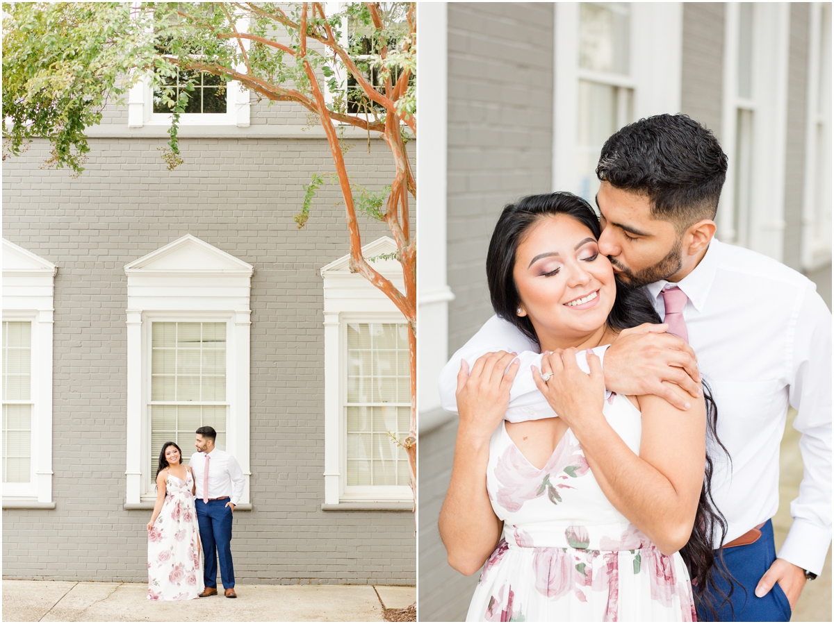 Classy Downtown Greenville Engagement Session by gray wall with blush & navy outfits