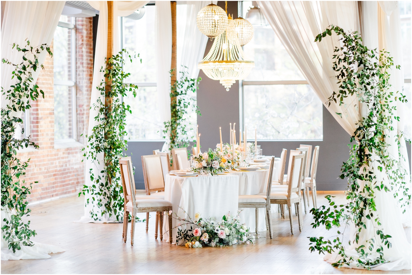 Huguenot Loft Wedding Styled Shoot with Serpentine Tables in Downtown Greenville, SC