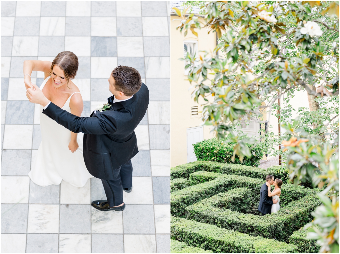 bride and groom in maze at William Aiken House Wedding in Downtown Charleston