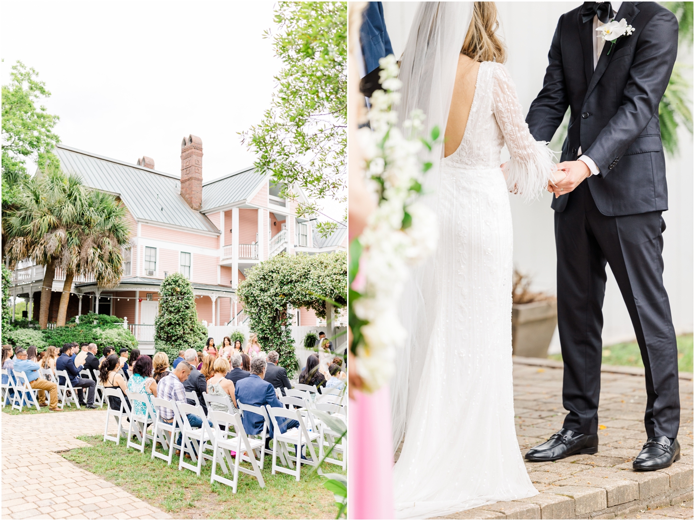 wedding ceremony at the Beaufort Inn wedding in the tabby garden 