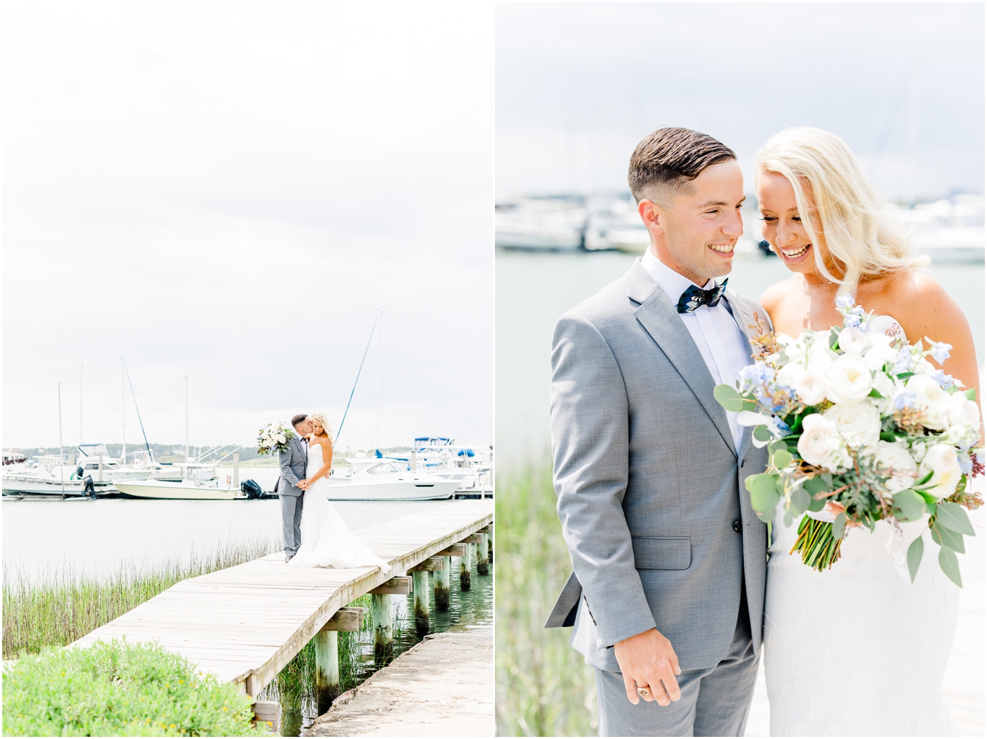 bride and groom photos on the dock at the Regatta Inn Wedding Folly Beach, SC