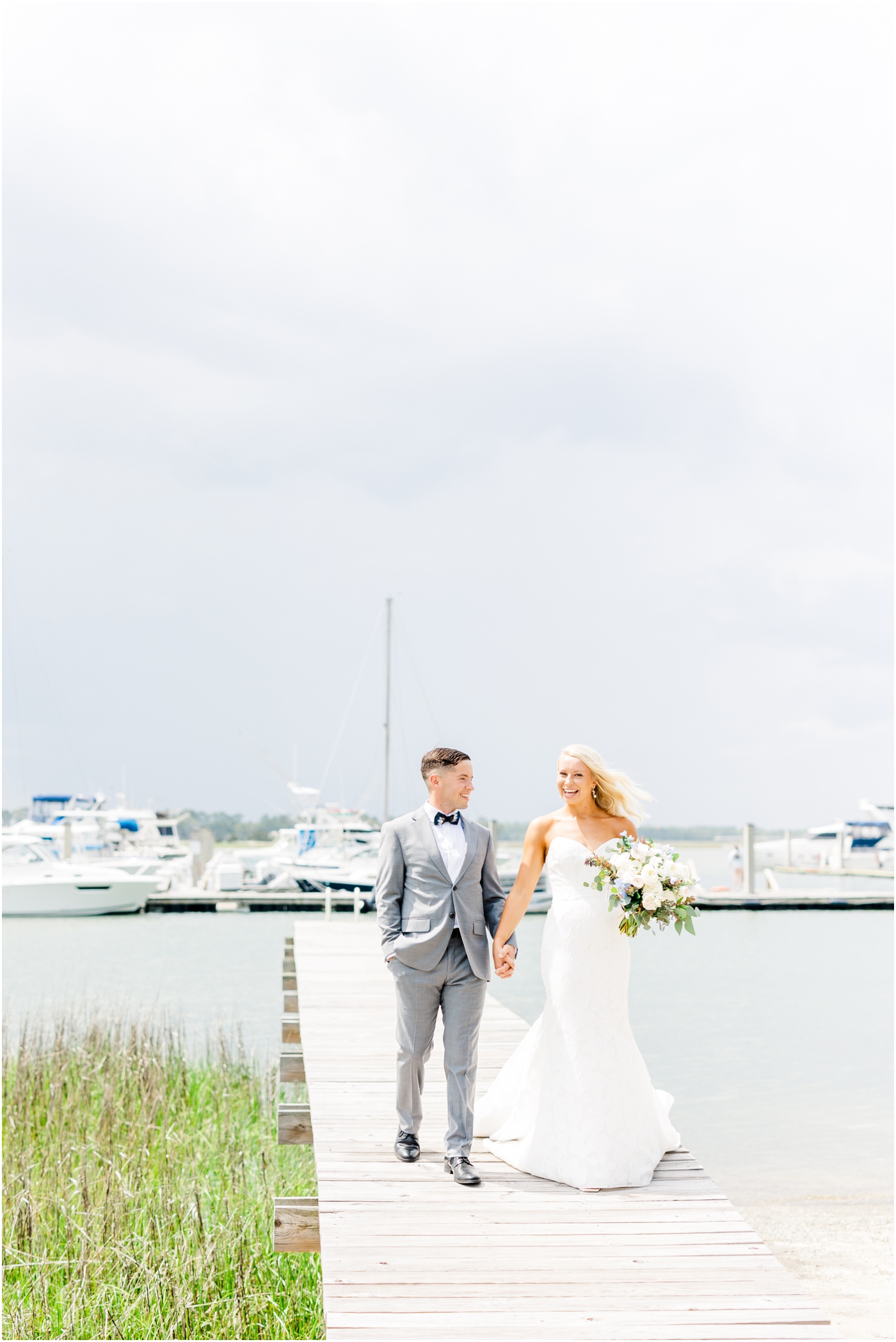 bride and groom photos on the dock at the Regatta Inn Wedding Folly Beach, SC
