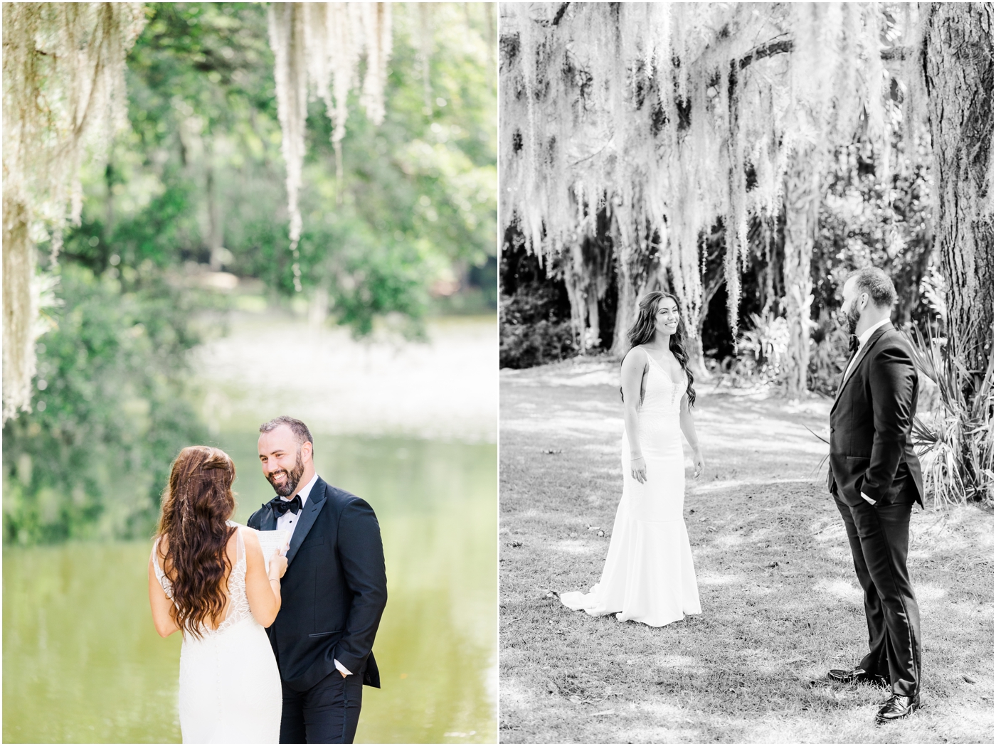 bride and groom First Look at Legare Waring House in Charleston, SC