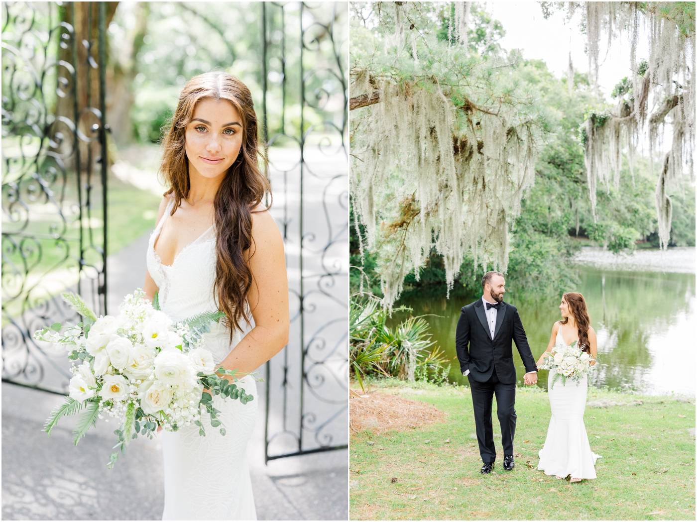 bride and groom photos in front of gate at Legare Waring House in Charleston, SC