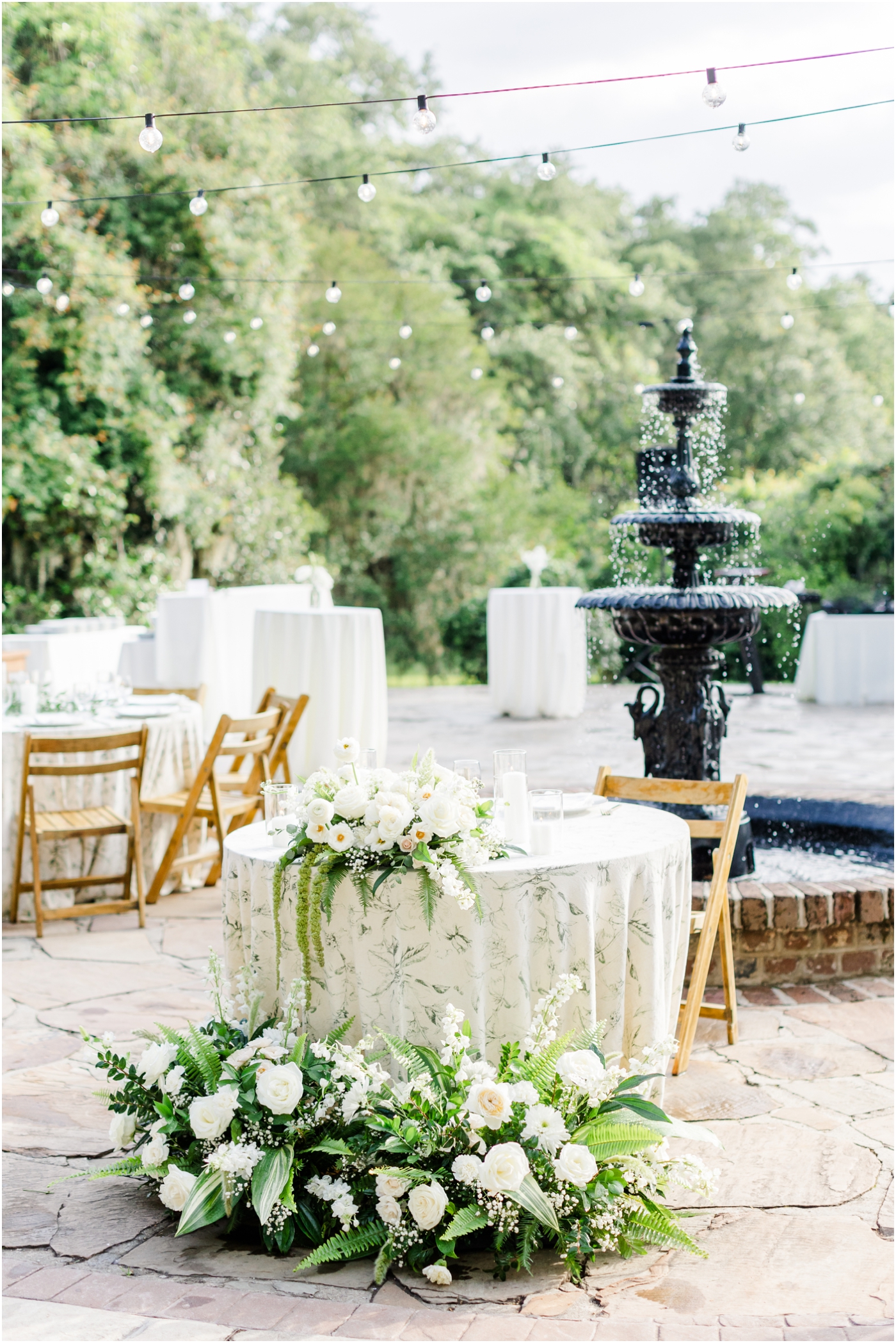 reception set up with patterned linens at Legare Waring House in Charleston, SC