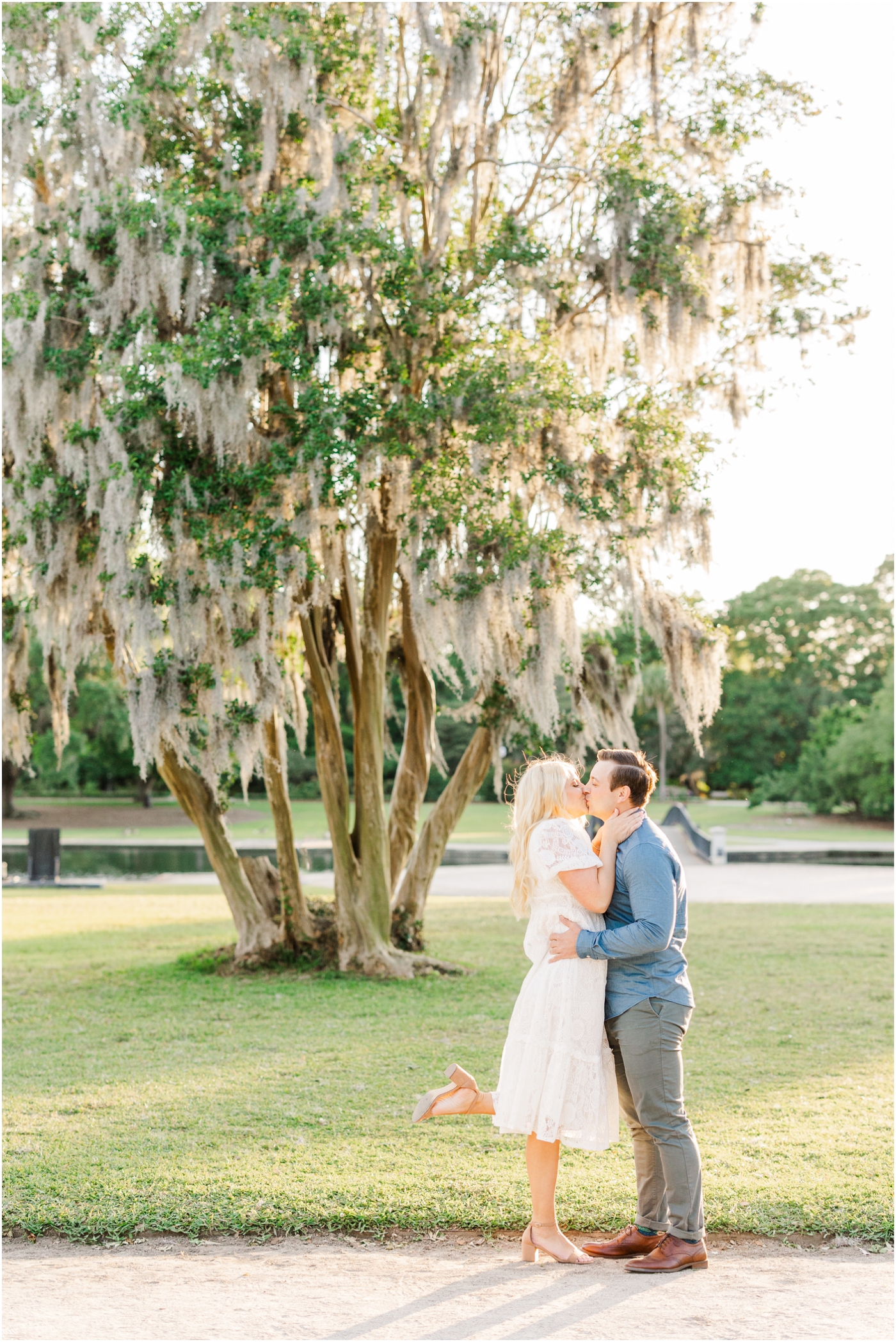 engagement photos at Hampton Park in charleston sc with Spanish moss trees