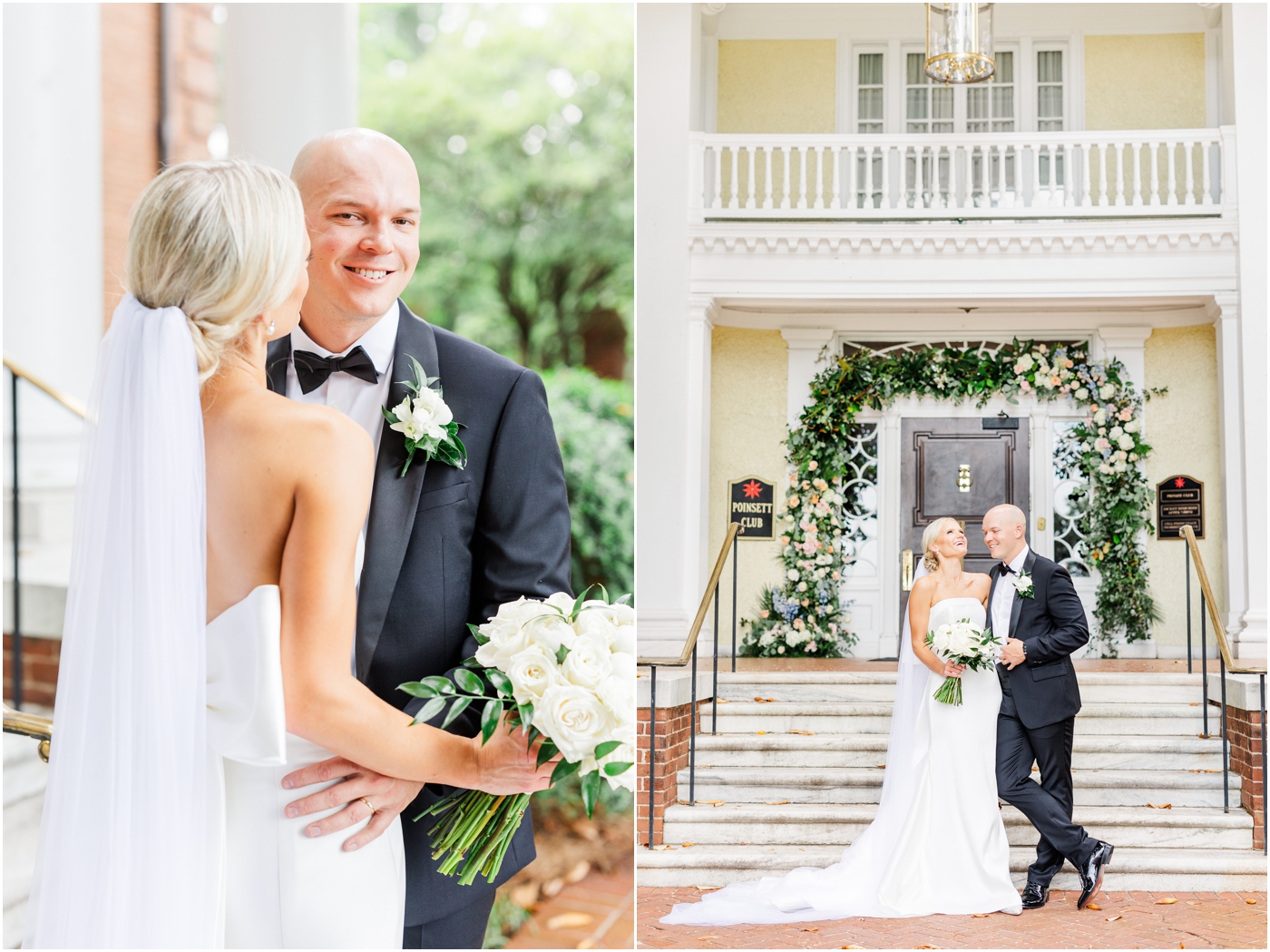 bride and groom photos at the Poinsett Club in Downtown Greenville 