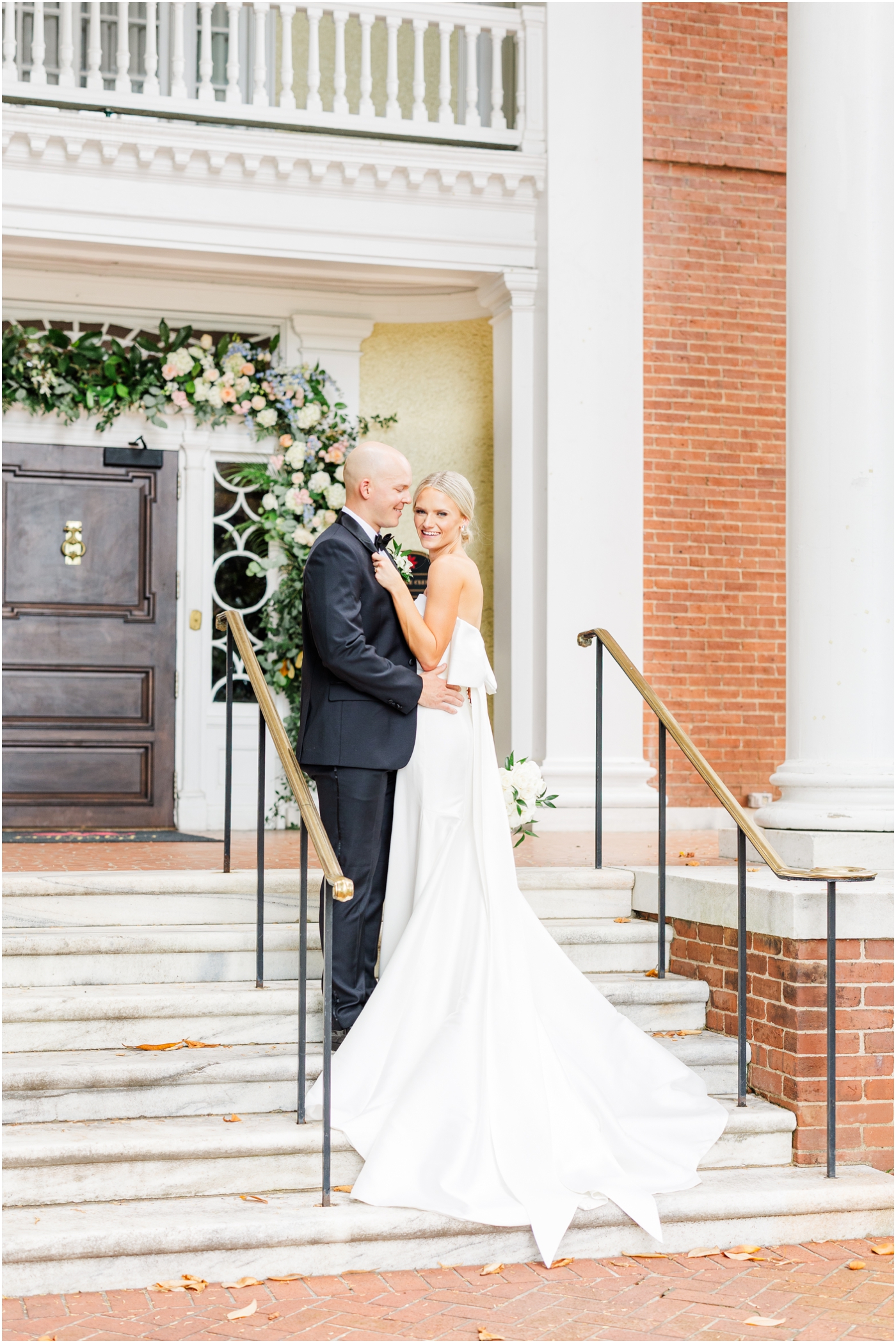 bride and groom photos at the Poinsett Club in Downtown Greenville 
