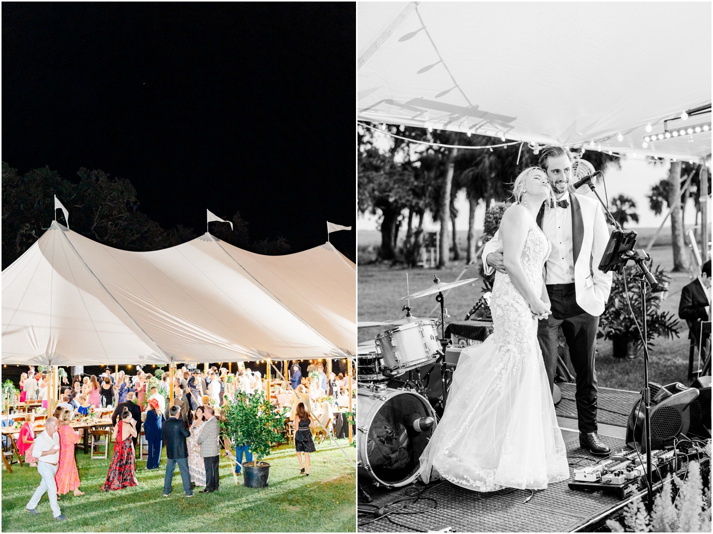 Bride & groom at their tented reception at Agapae Oaks wedding in Beaufort, SC
