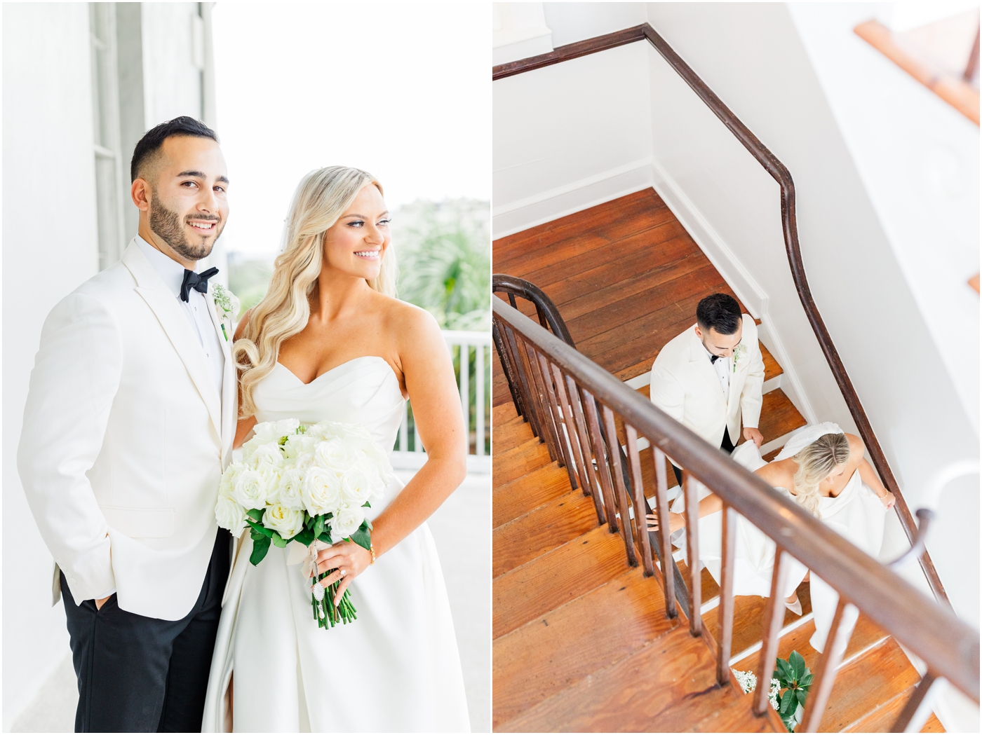 Bride & Groom first look on stairs at the Gadsden House in Charleston
