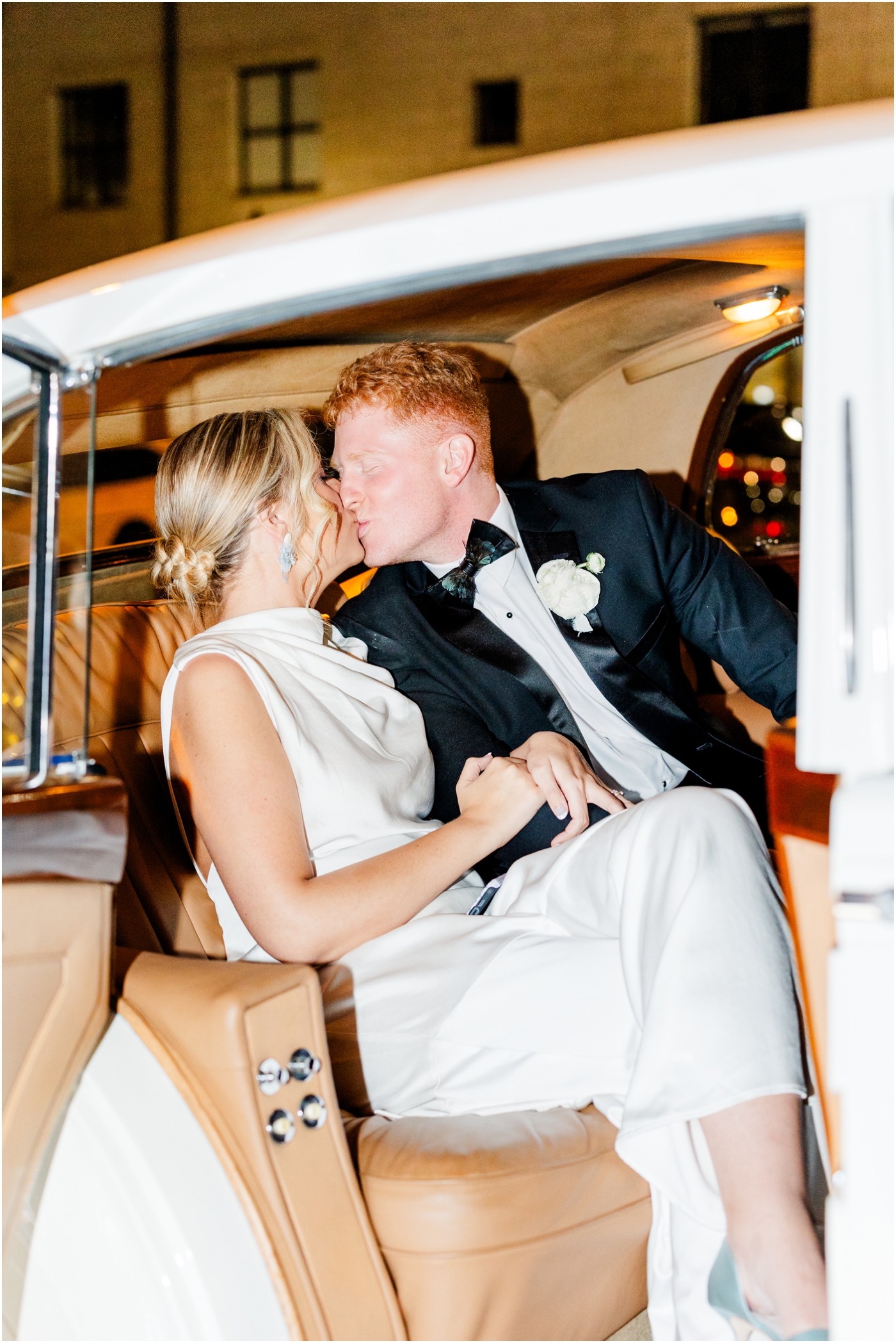 Bride & Groom in getaway car at their Huguenot Loft Wedding