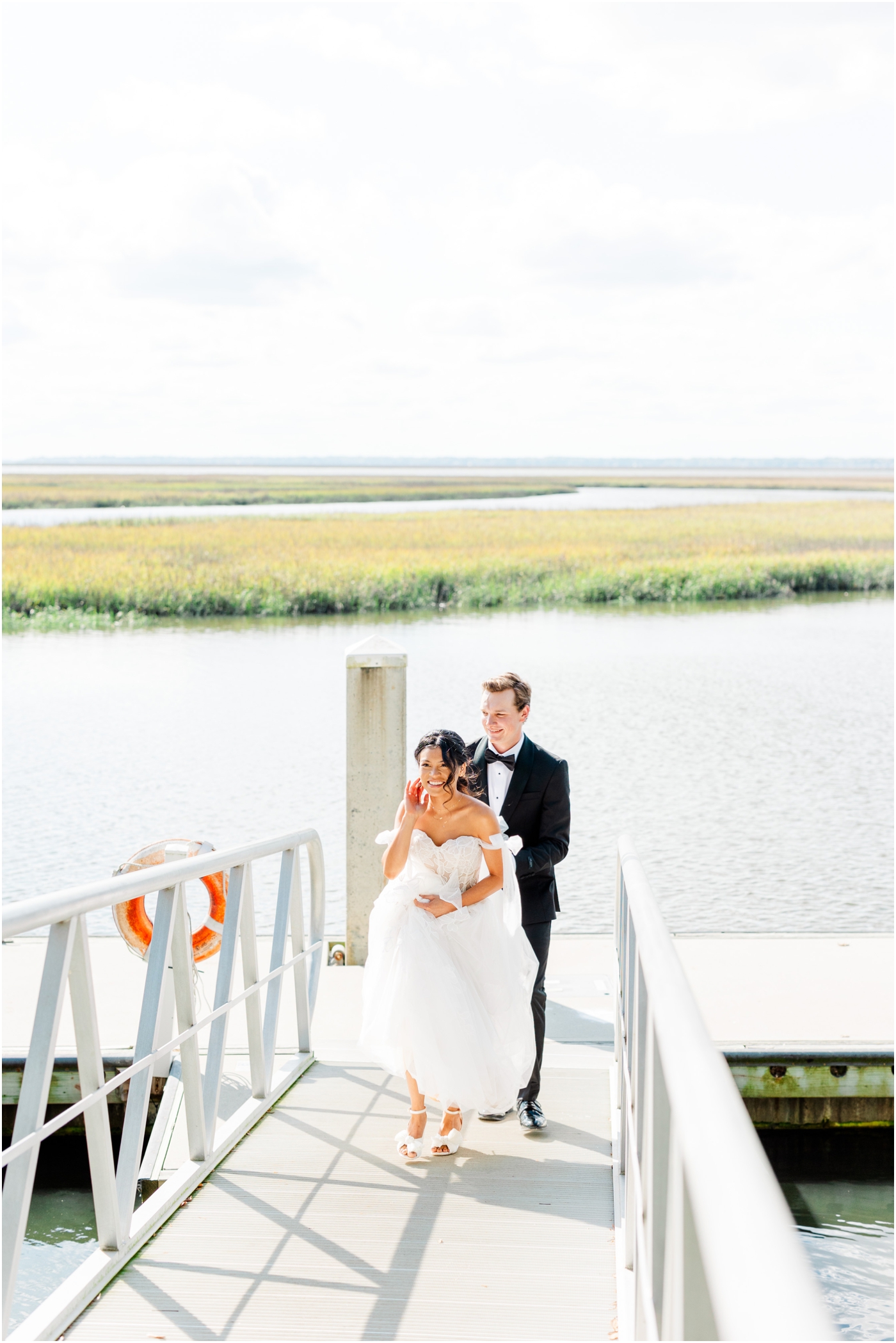 Bride & Groom on Dock at Walker's Landing Omni Amelia Island Wedding