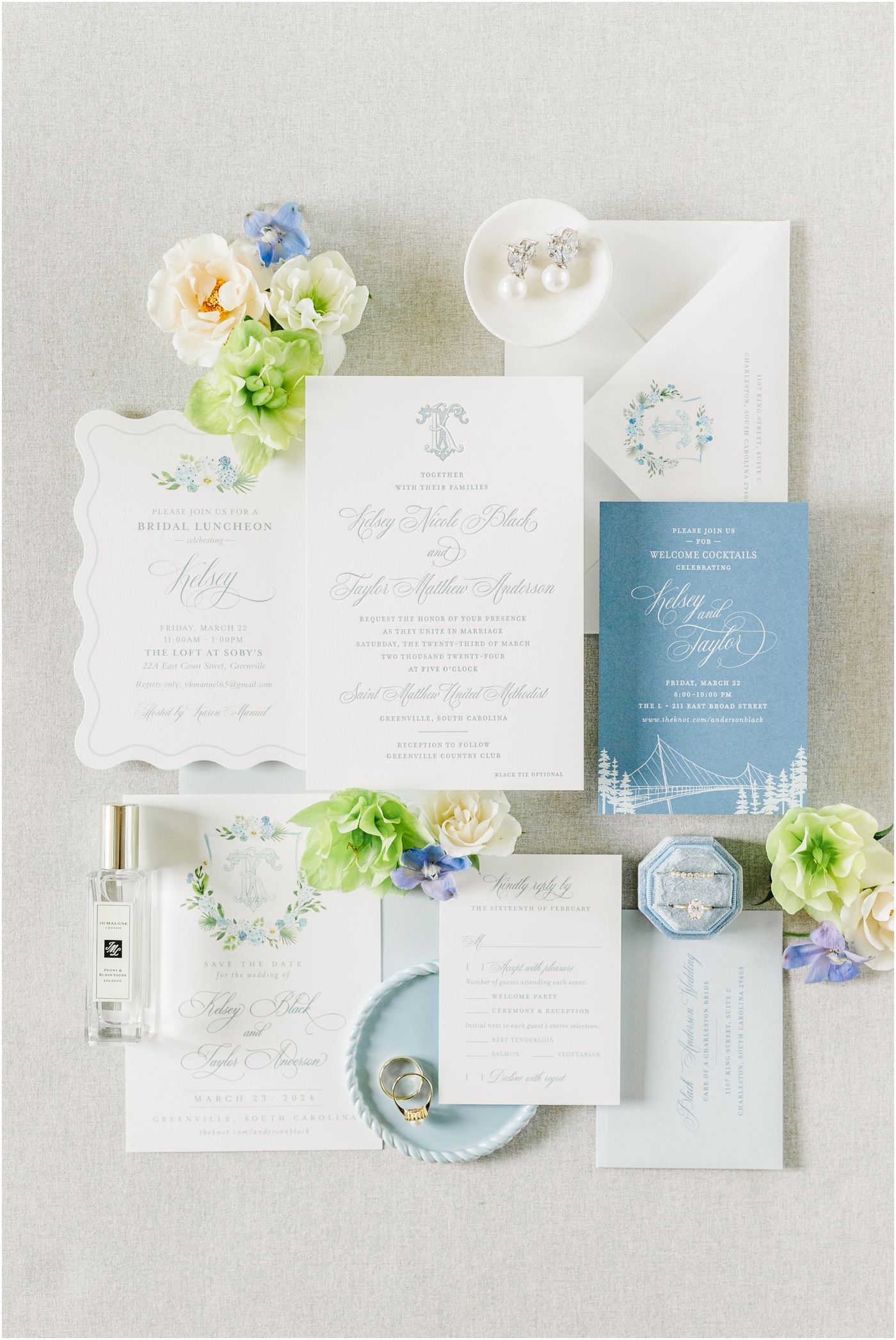 Blue & white invitation suite for a Greenville Country Club wedding