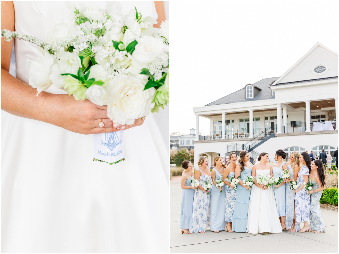 Bridesmaids in blue floral dresses at Greenville County Club Wedding