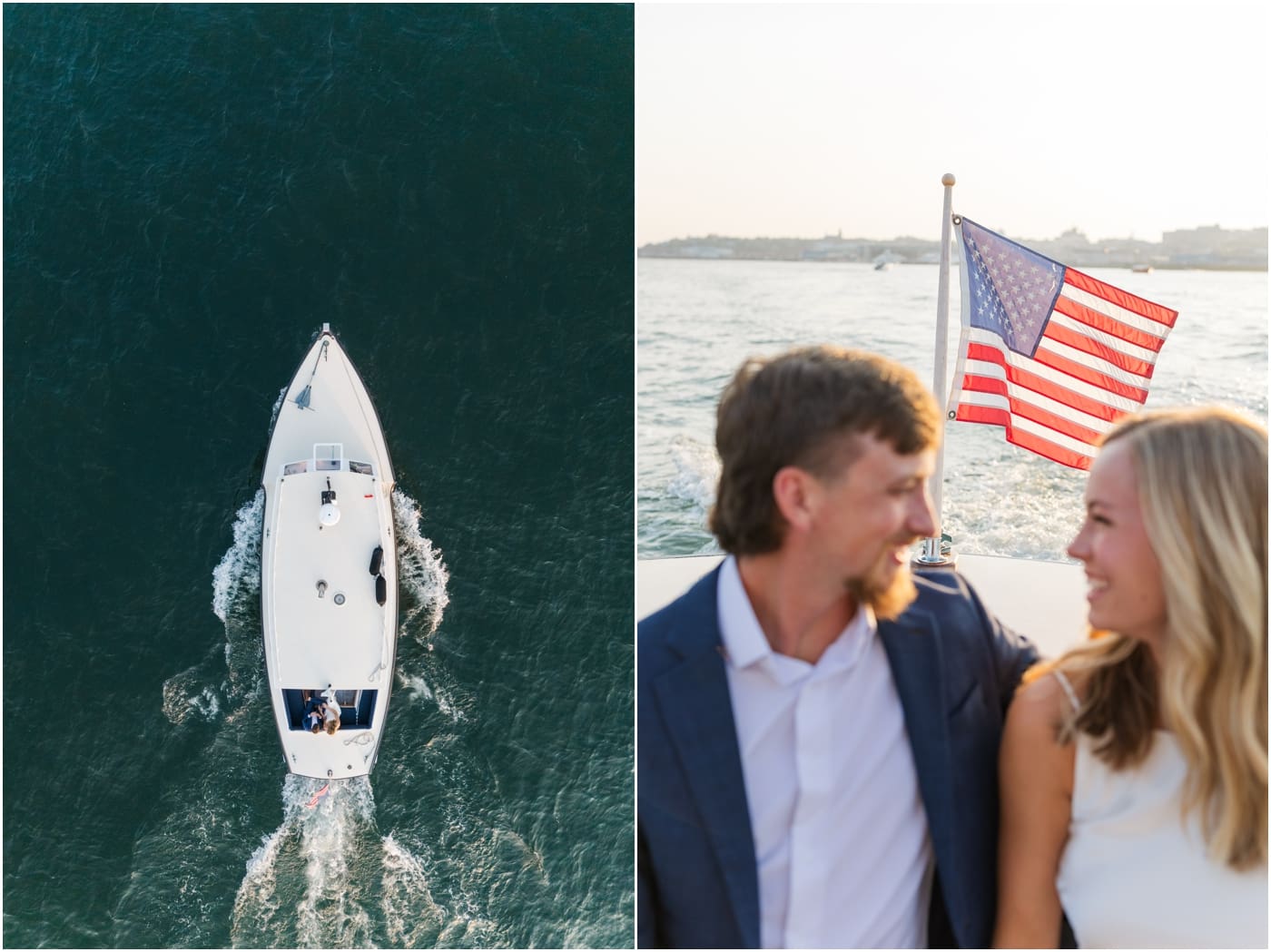 Drone image of couple on boat in Portland Maine