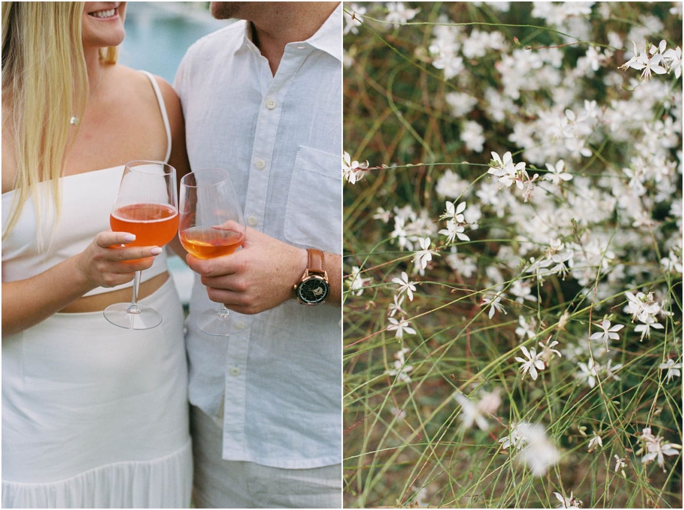 Bride and groom holding aperol spritz at their poolside welcome party