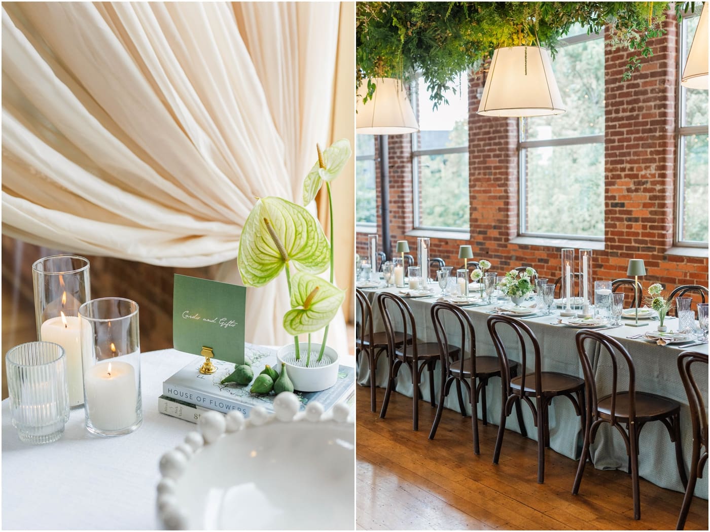 Reception table scape with green color palette at the Huguenot Loft in downtown Greenville