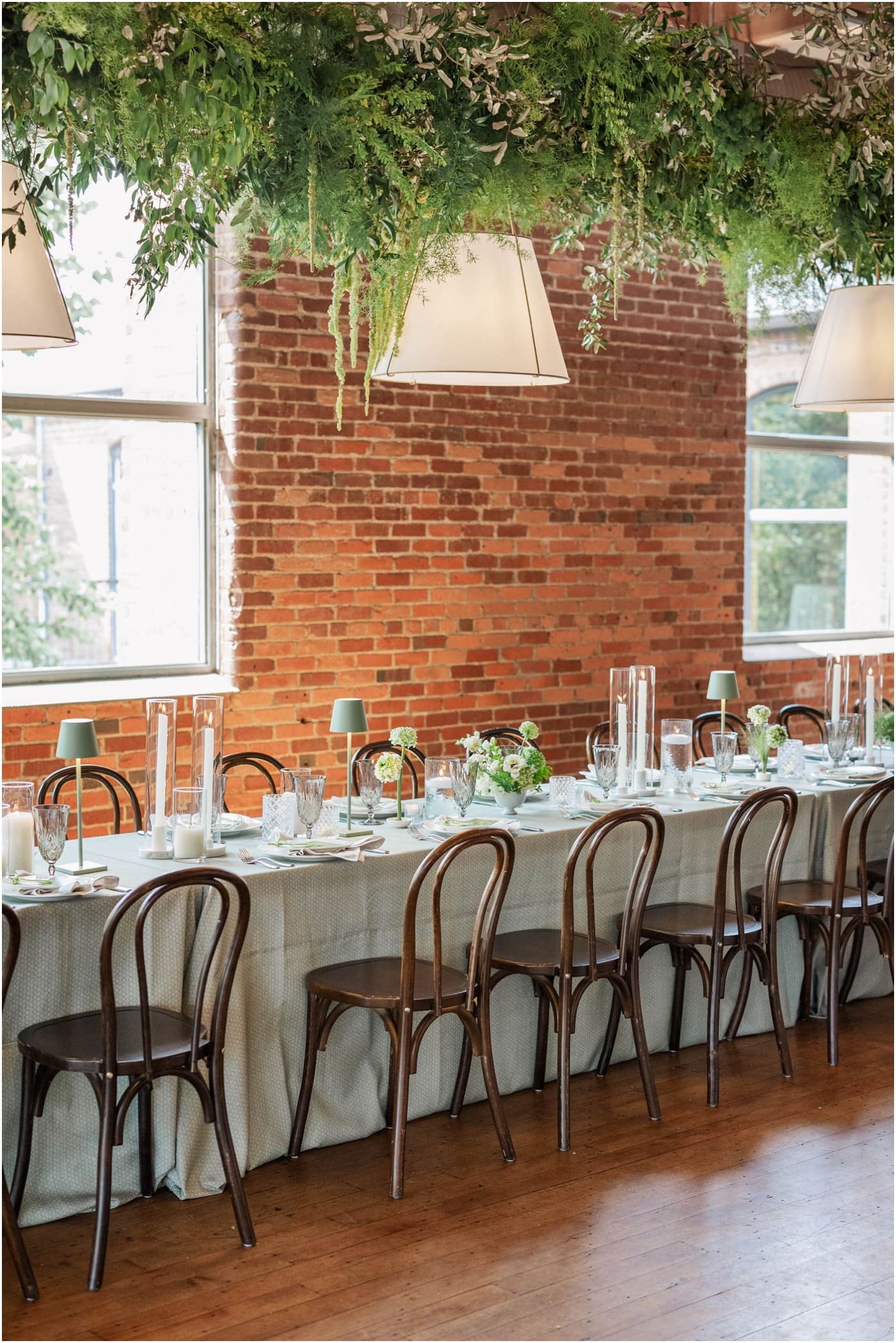 Monochromatic green tablescape at a Huguenot loft wedding reception