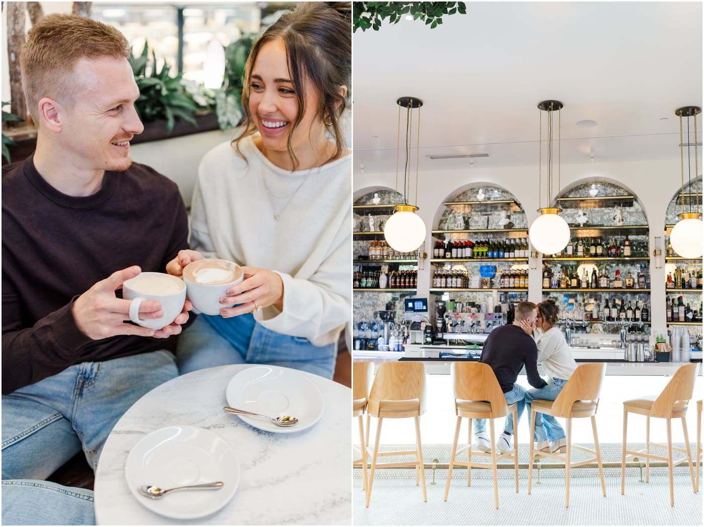 couple sitting in Carmellas during their coffee shop engagement session in Greenville