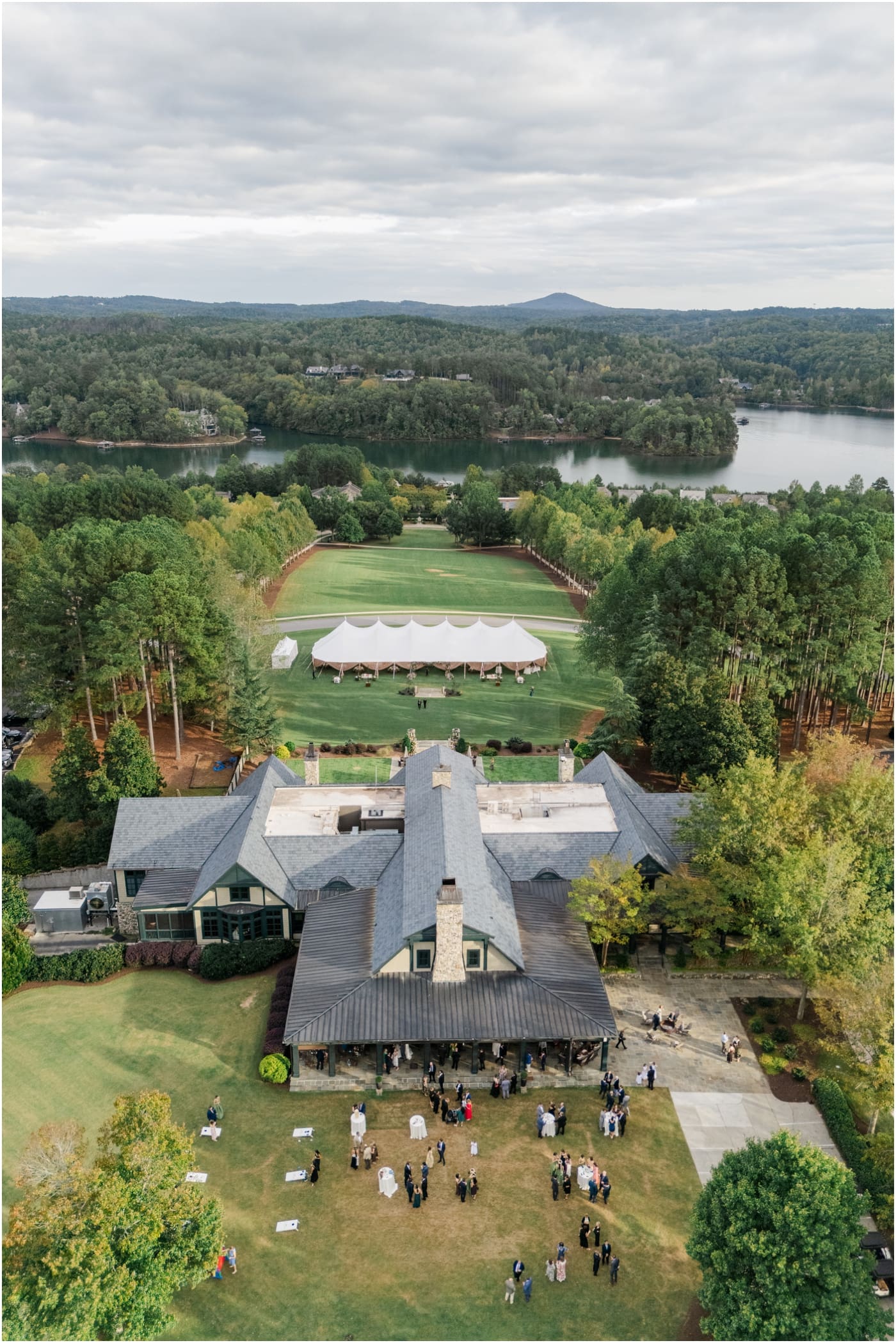 aerial drone view of cocktail hour at reserve at lake keowee wedding
