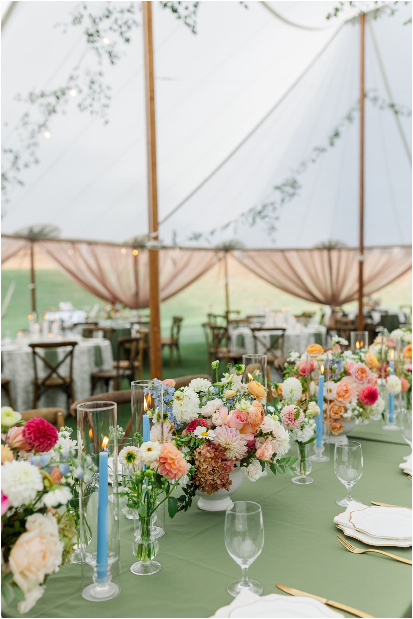 colorful floral arrangements on tables at reserve at lake keowee wedding