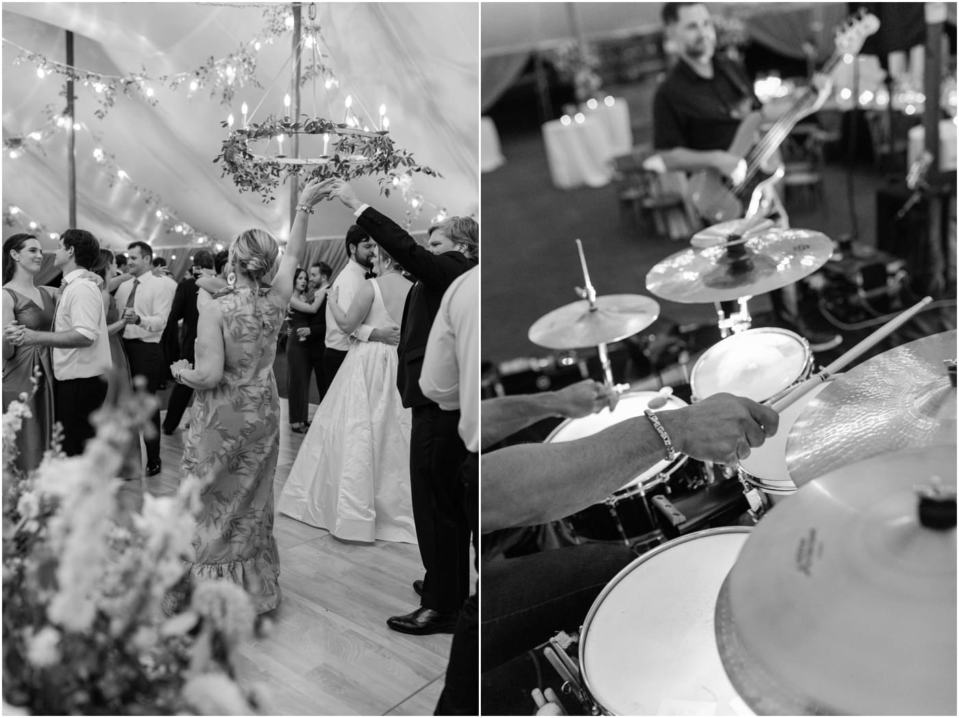black and white dance floor party photos for a tented reception at a Reserve at Lake Keowee Wedding