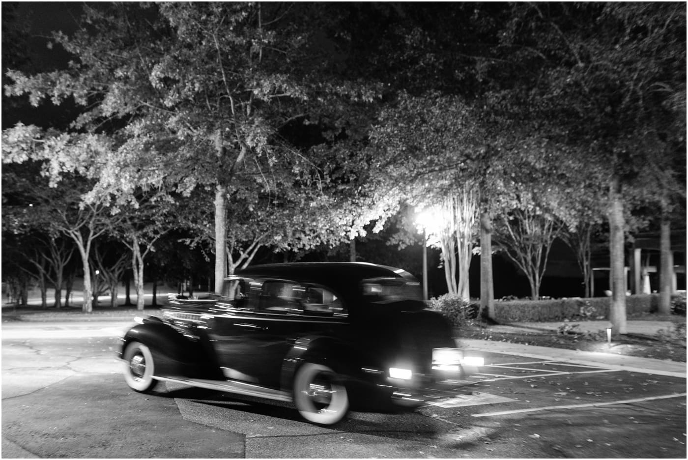 black and white of getaway car at reception for a Reserve at Lake Keowee Wedding
